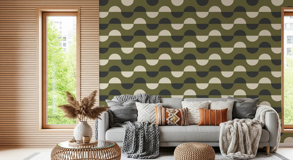 Olive Green Half Moon Wallpaper Mid Century Retro Geometric Wallpaper⁠