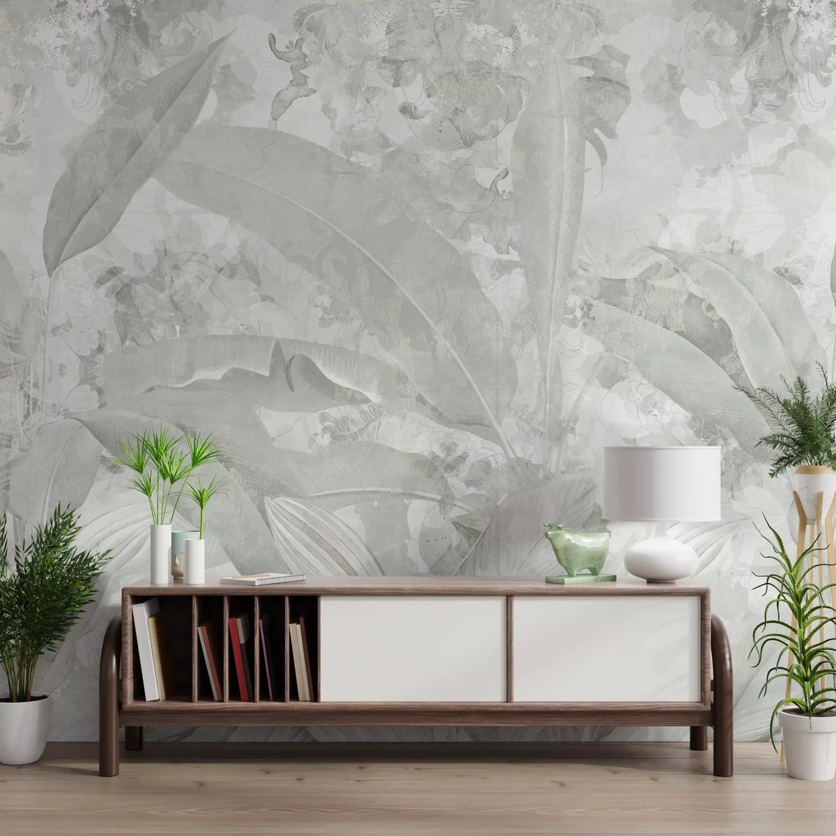 Soft Grey Tropical Botanical Wall Mural Wall Mural