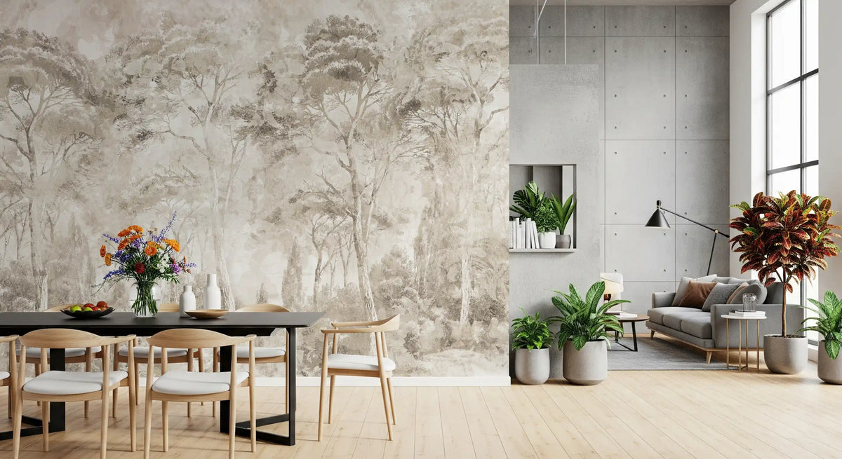 Misty Forest Landscape Warm Sepia Wall Mural Wall Mural