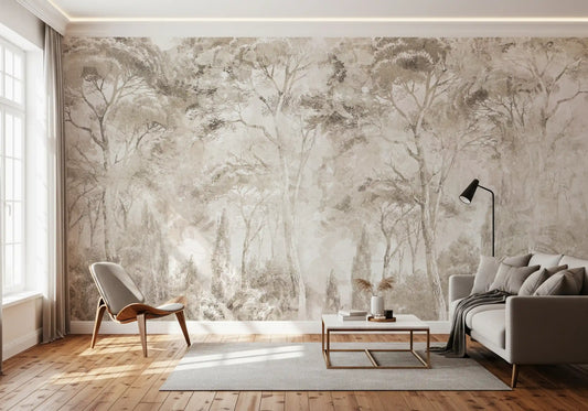 Misty Forest Landscape Warm Sepia Wall Mural Wall Mural