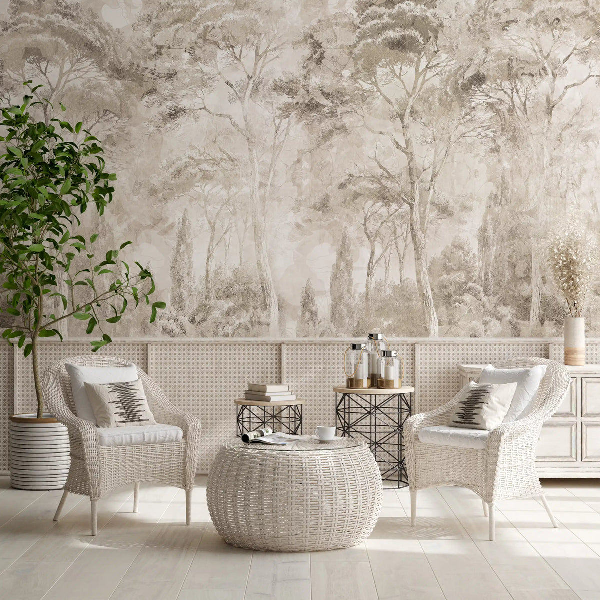 Misty Forest Landscape Warm Sepia Wall Mural Wall Mural