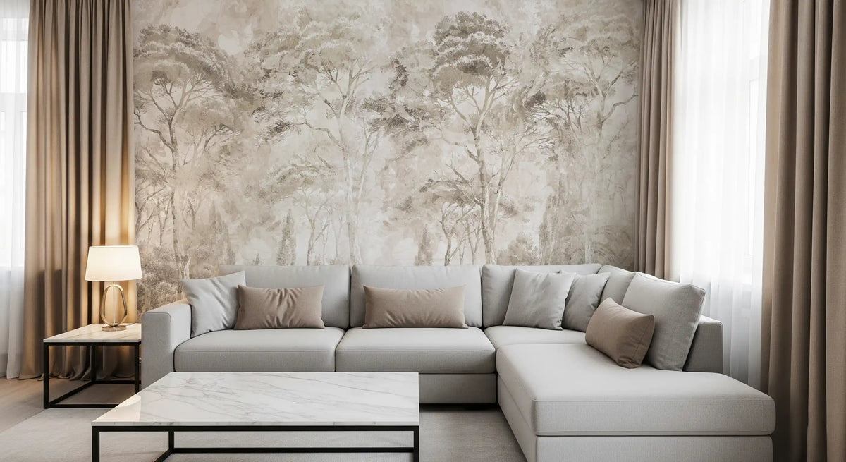 Misty Forest Landscape Warm Sepia Wall Mural Wall Mural