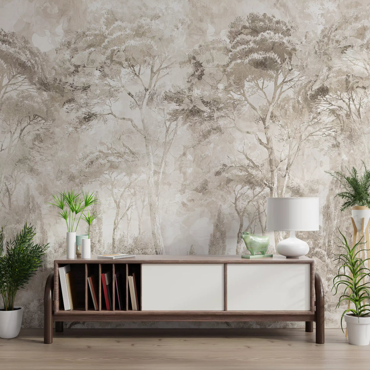 Misty Forest Landscape Warm Sepia Wall Mural Wall Mural