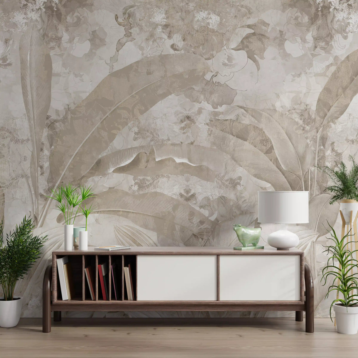 Neutral Beige Tropical Leaves Wall Mural Wall Mural
