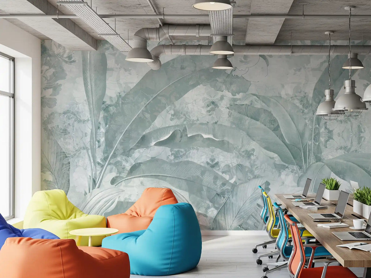 Ocean Aqua Tropical Leaves Wall Mural Wall Mural