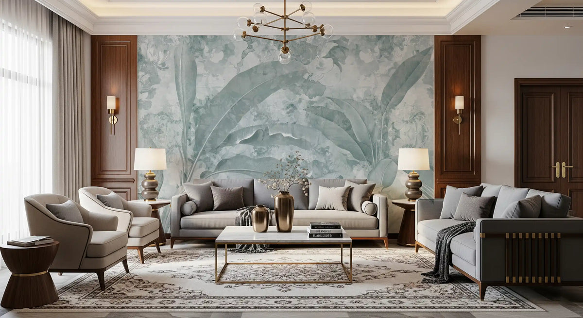 Ocean Aqua Tropical Leaves Wall Mural Wall Mural