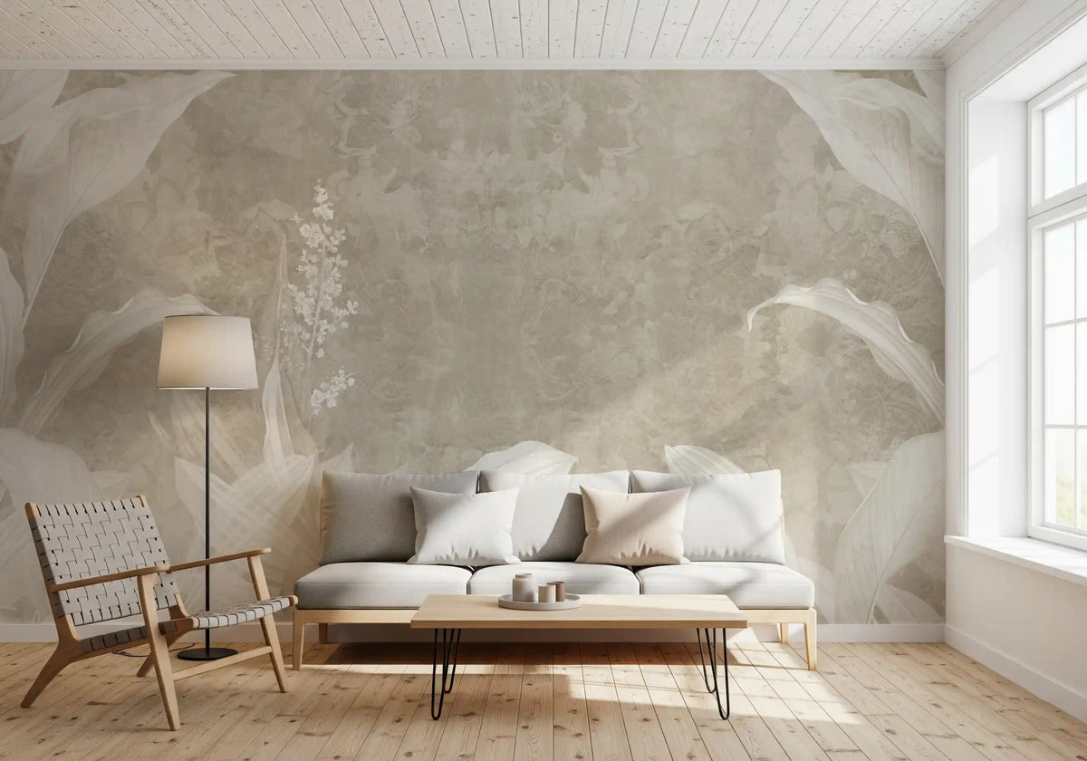 Misty Beige Botanical Leaves Wall Mural Wall Mural