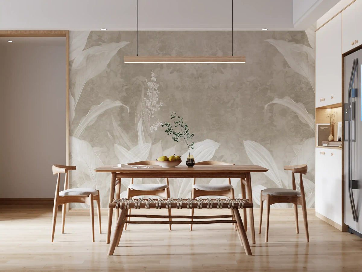 Misty Beige Botanical Leaves Wall Mural Wall Mural