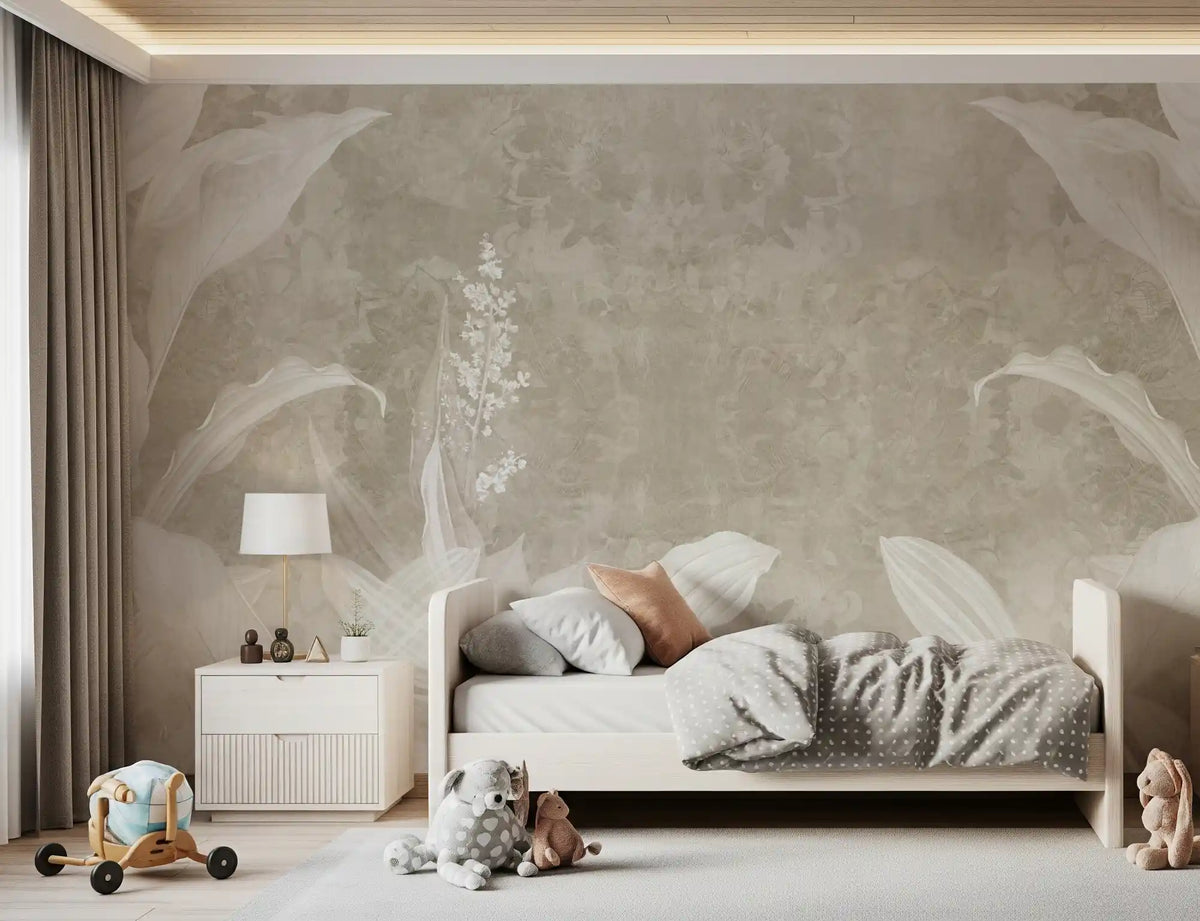 Misty Beige Botanical Leaves Wall Mural Wall Mural