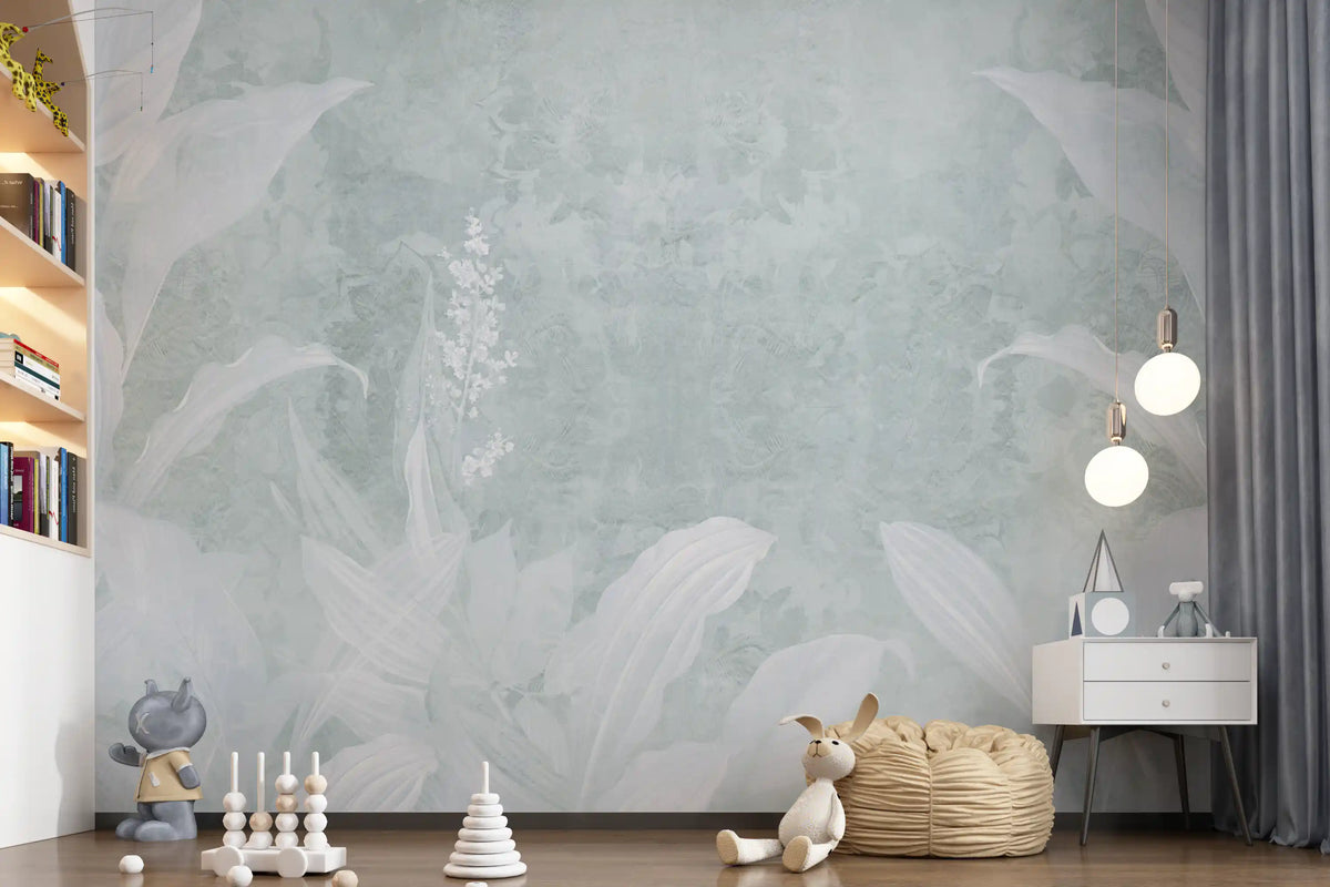 Misty Duck Egg Blue Botanical Leaf Border Wall Mural Wall Mural