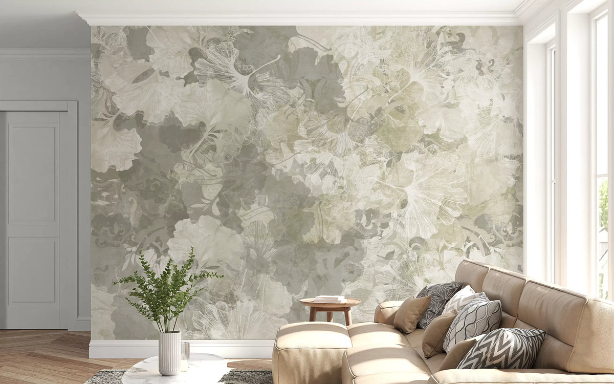 Ginkgo Biloba Leaves Muted Grey Wall Mural Wall Mural