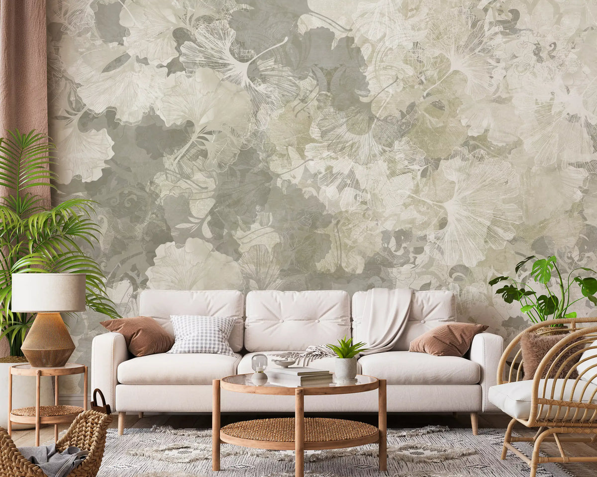 Ginkgo Biloba Leaves Muted Grey Wall Mural Wall Mural