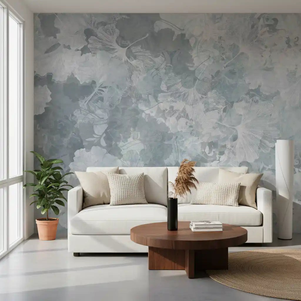 Vintage Ginkgo Leaf Steel Blue Wall Mural Wall Mural