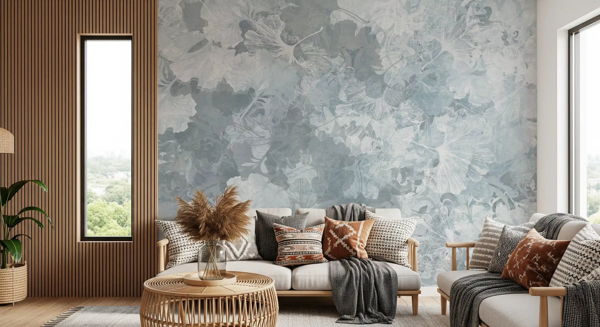Vintage Ginkgo Leaf Steel Blue Wall Mural Wall Mural