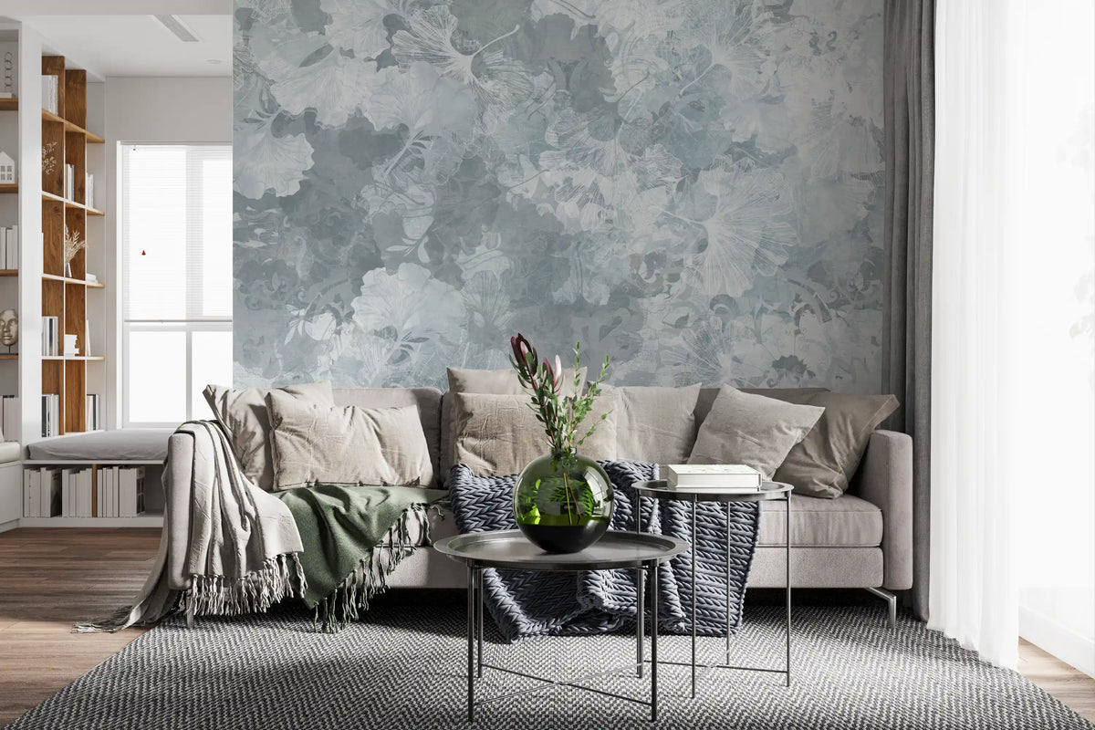 Vintage Ginkgo Leaf Steel Blue Wall Mural Wall Mural