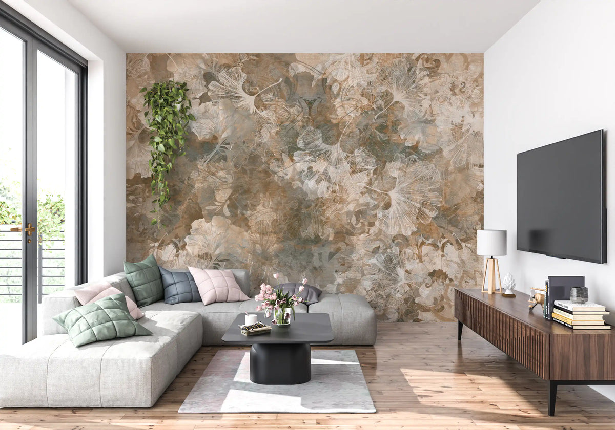 Vintage Ginkgo Leaf Warm Amber Wall Mural Wall Mural