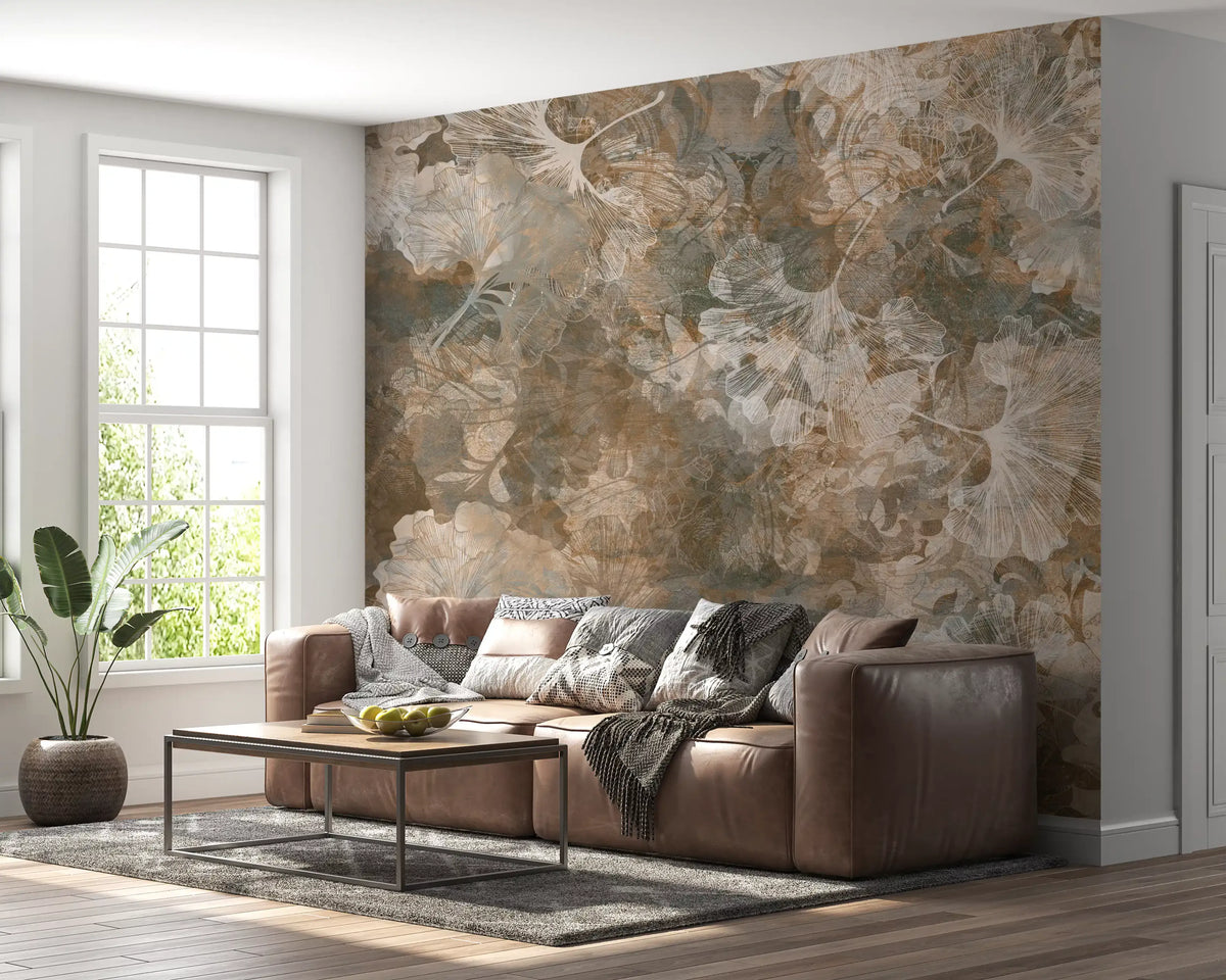 Vintage Ginkgo Leaf Warm Amber Wall Mural Wall Mural