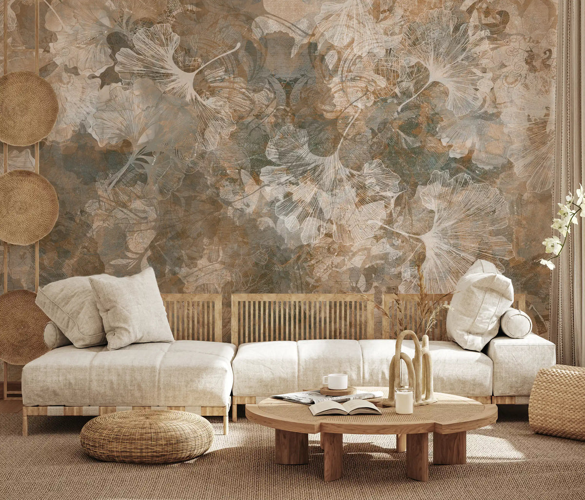 Vintage Ginkgo Leaf Warm Amber Wall Mural Wall Mural