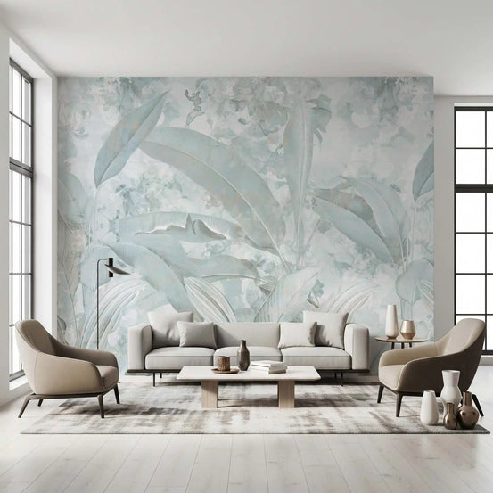 Ice Blue Botanical Banana Leaf Wall Mural Wall Mural