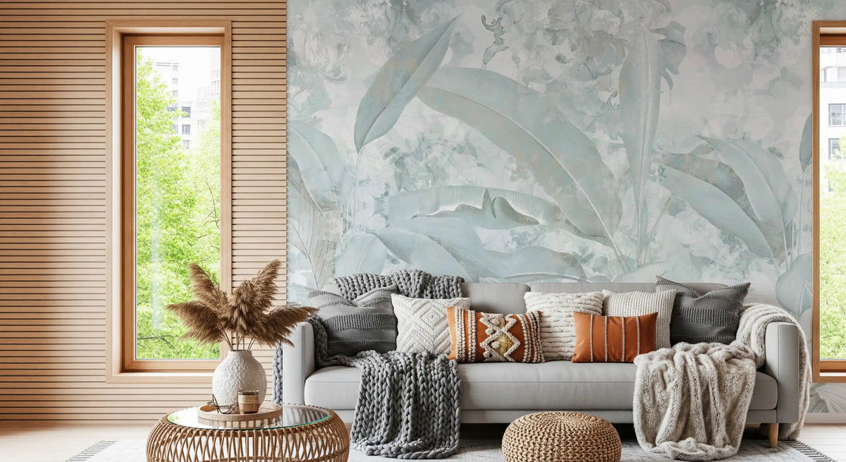 Ice Blue Botanical Banana Leaf Wall Mural Wall Mural