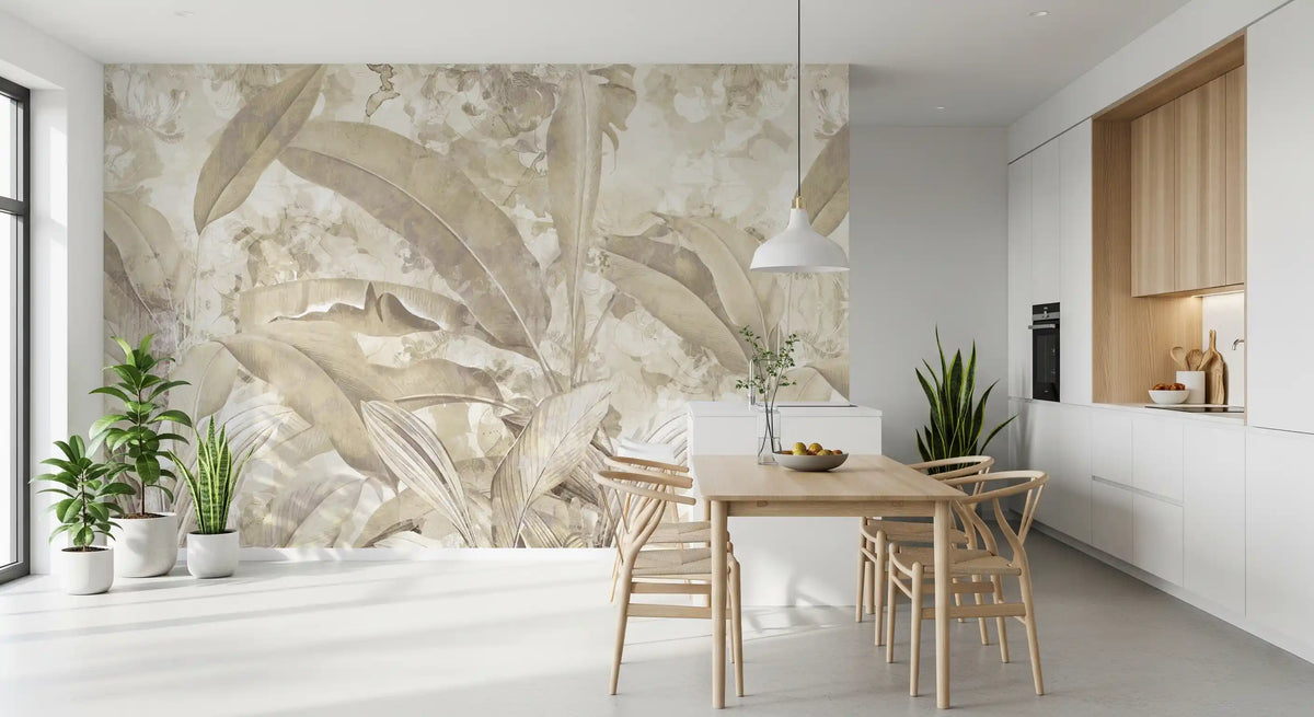 Warm Sand Beige Tropical Botanical Leaf Wall Mural Wall Mural