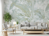 Sage Green Gold Tropical Botanical Leaf Wall Mural Wall Mural