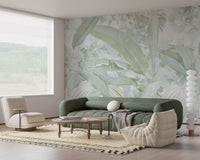 Sage Green Gold Tropical Botanical Leaf Wall Mural Wall Mural