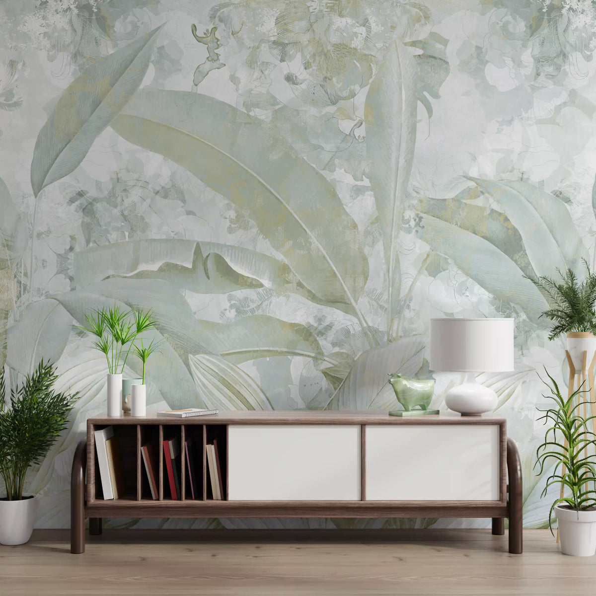 Sage Green Gold Tropical Botanical Leaf Wall Mural Wall Mural