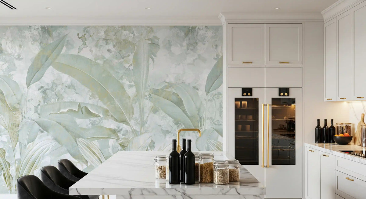 Sage Green Gold Tropical Botanical Leaf Wall Mural Wall Mural