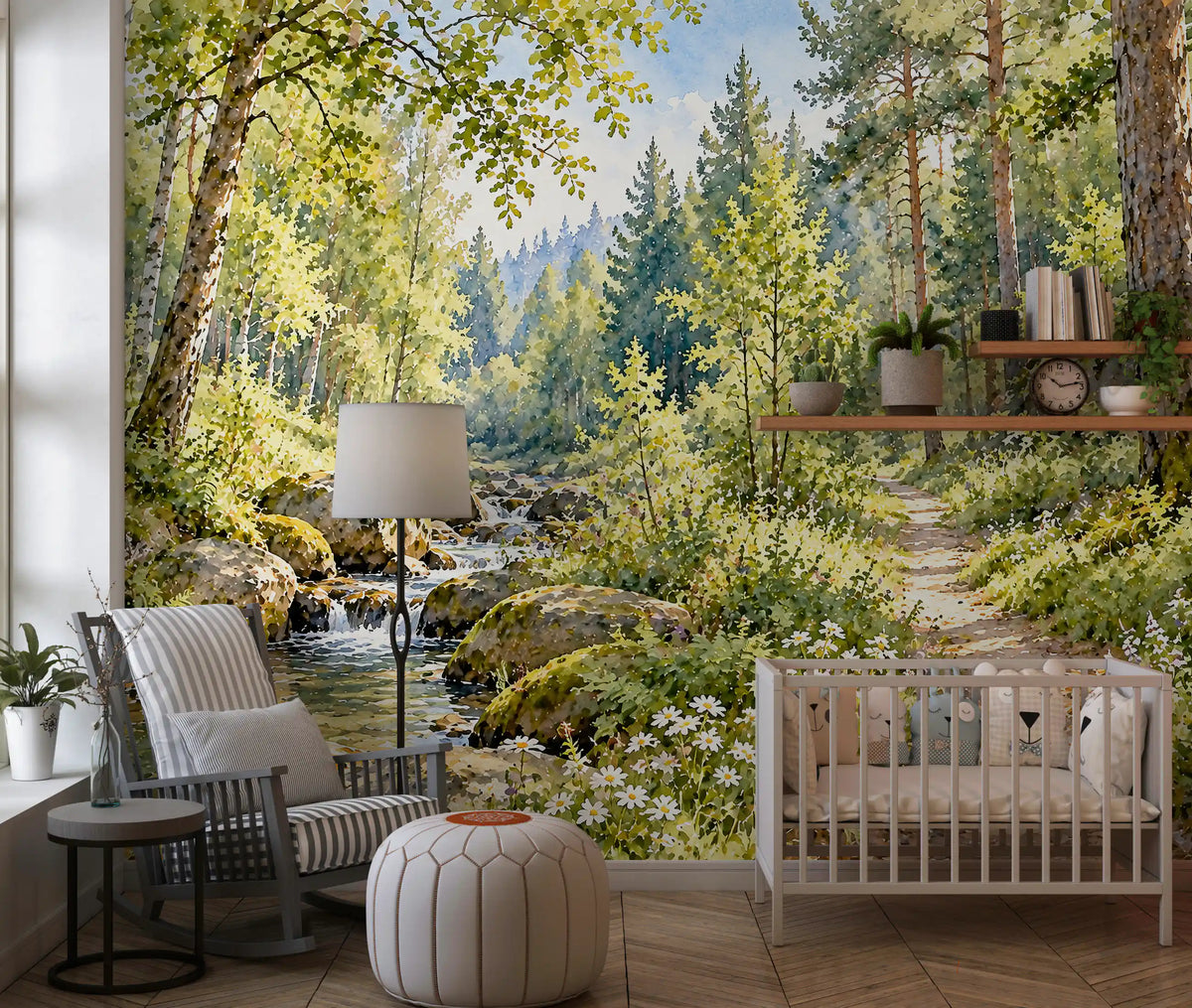 Sunlit Forest Stream Meadow Wall Mural