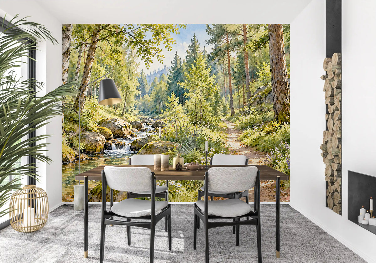Sunlit Forest Stream Meadow Wall Mural