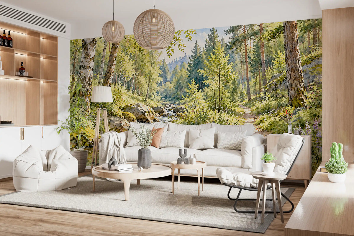 Sunlit Forest Stream Meadow Wall Mural