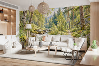 Sunlit Forest Stream Meadow Wall Mural