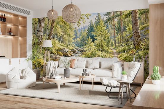Sunlit Forest Stream Meadow Wall Mural
