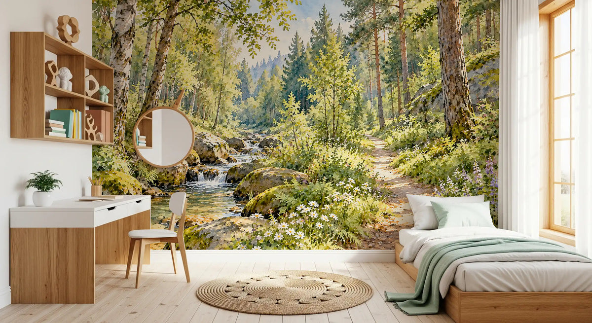 Sunlit Forest Stream Meadow Wall Mural