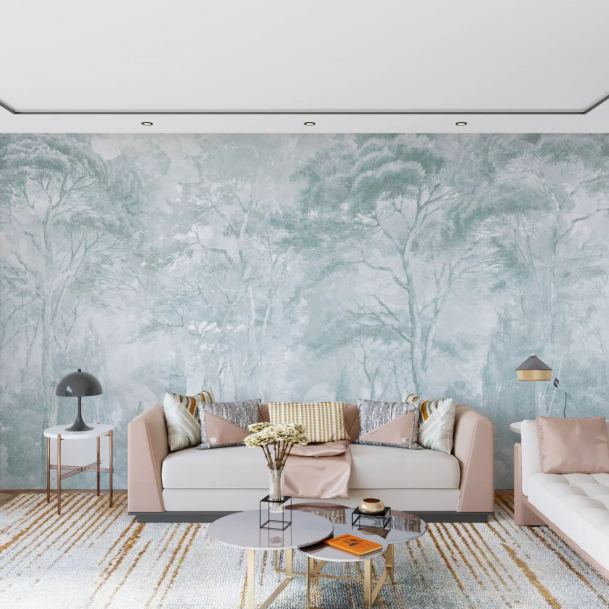 Sage Duck Egg Misty Forest Landscape Wall Mural Wall Mural