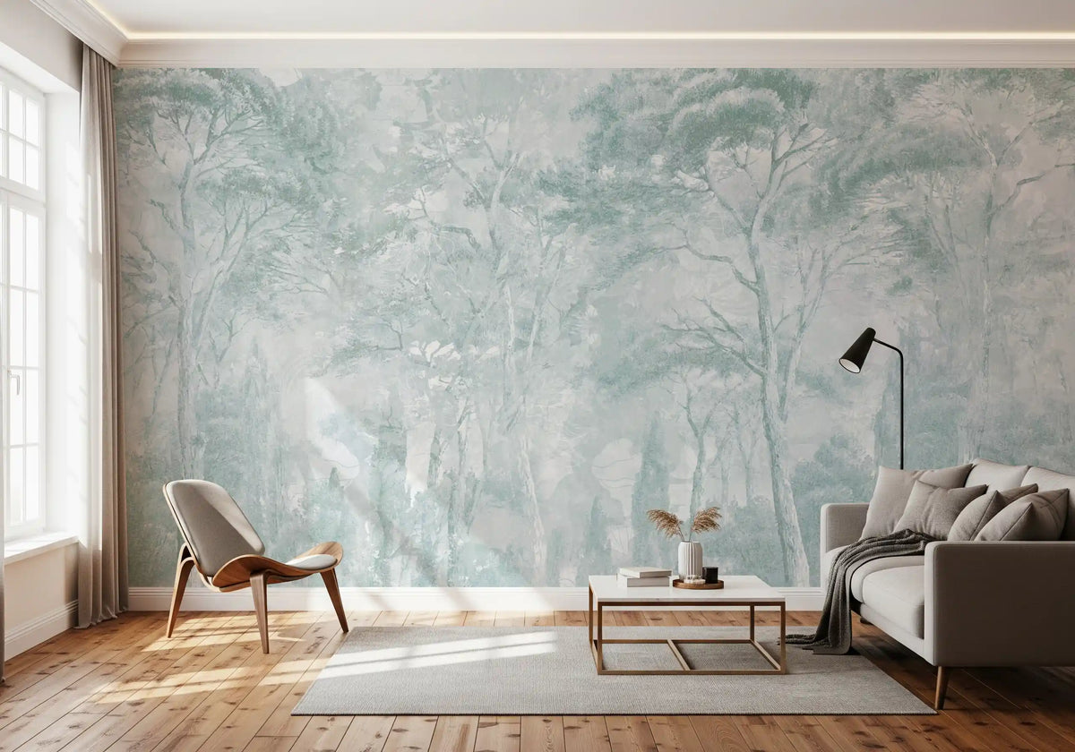 Sage Duck Egg Misty Forest Landscape Wall Mural Wall Mural