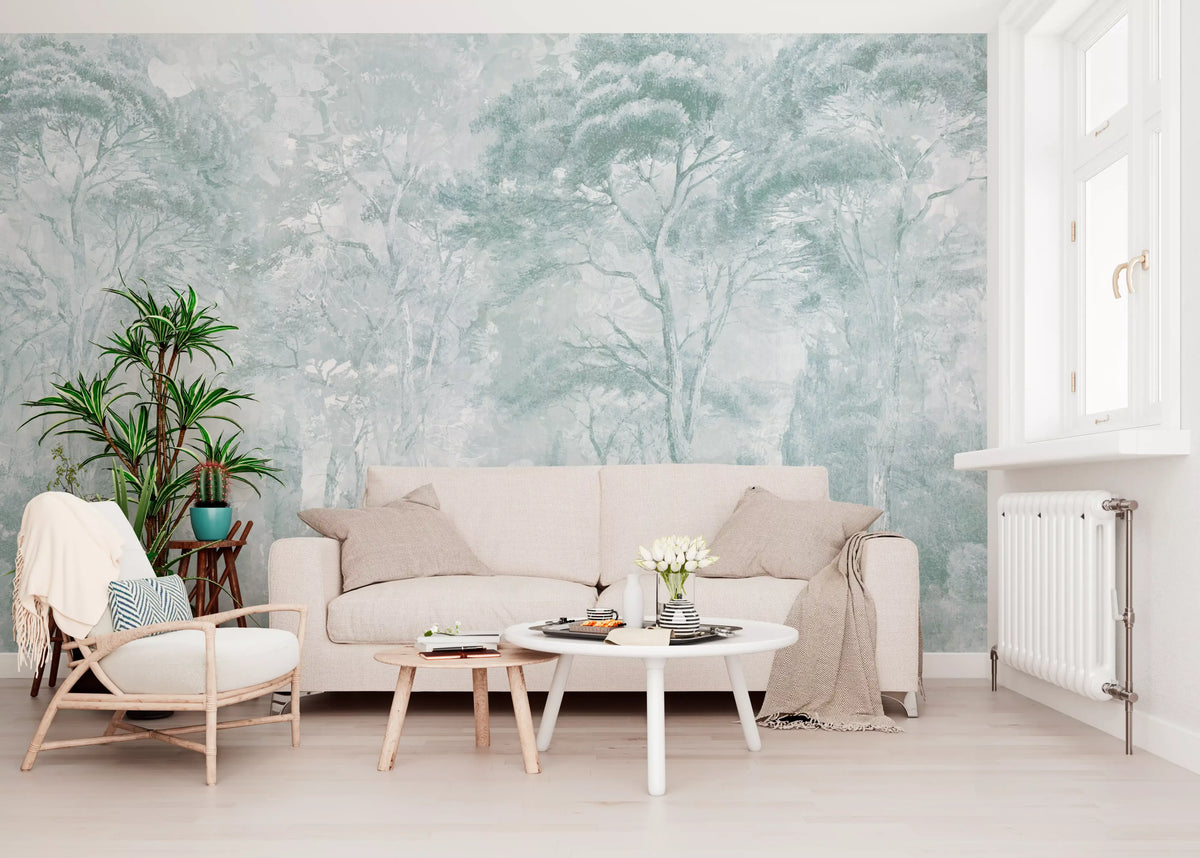 Sage Duck Egg Misty Forest Landscape Wall Mural Wall Mural