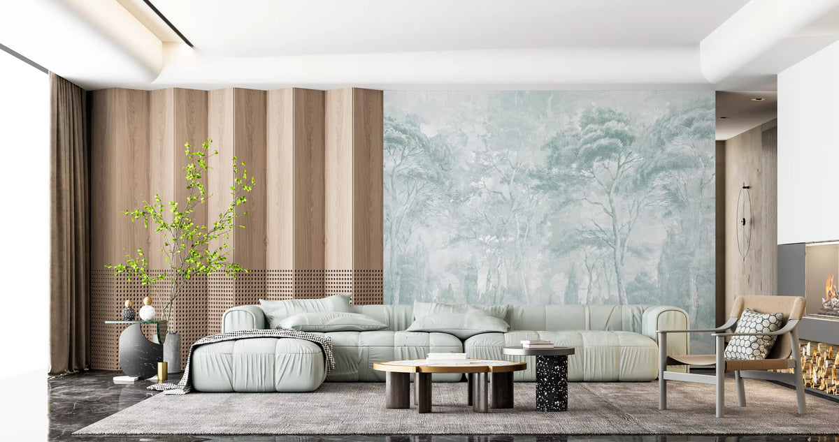 Sage Duck Egg Misty Forest Landscape Wall Mural Wall Mural