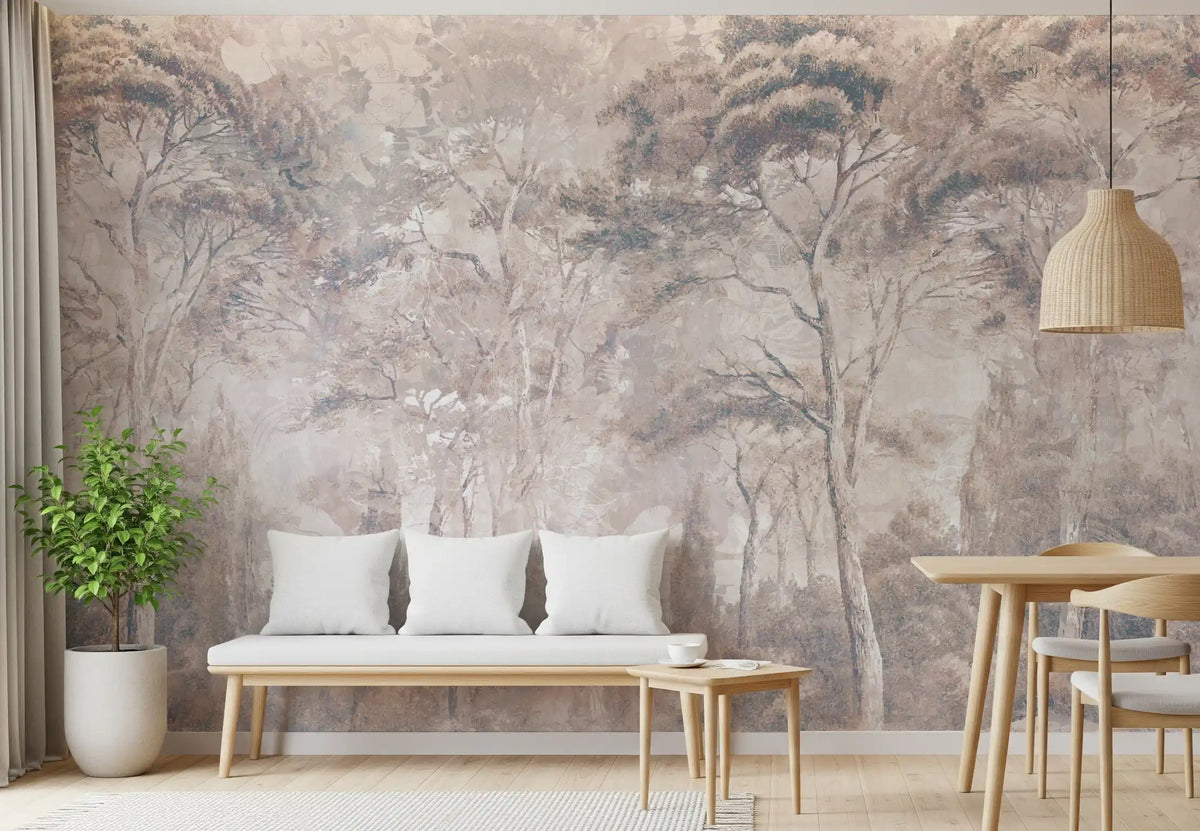 Dusty Mauve Taupe Misty Forest Landscape Wall Mural Wall Mural