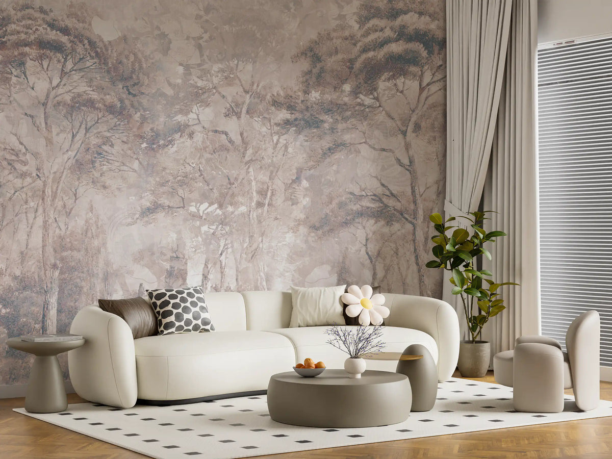 Dusty Mauve Taupe Misty Forest Landscape Wall Mural Wall Mural