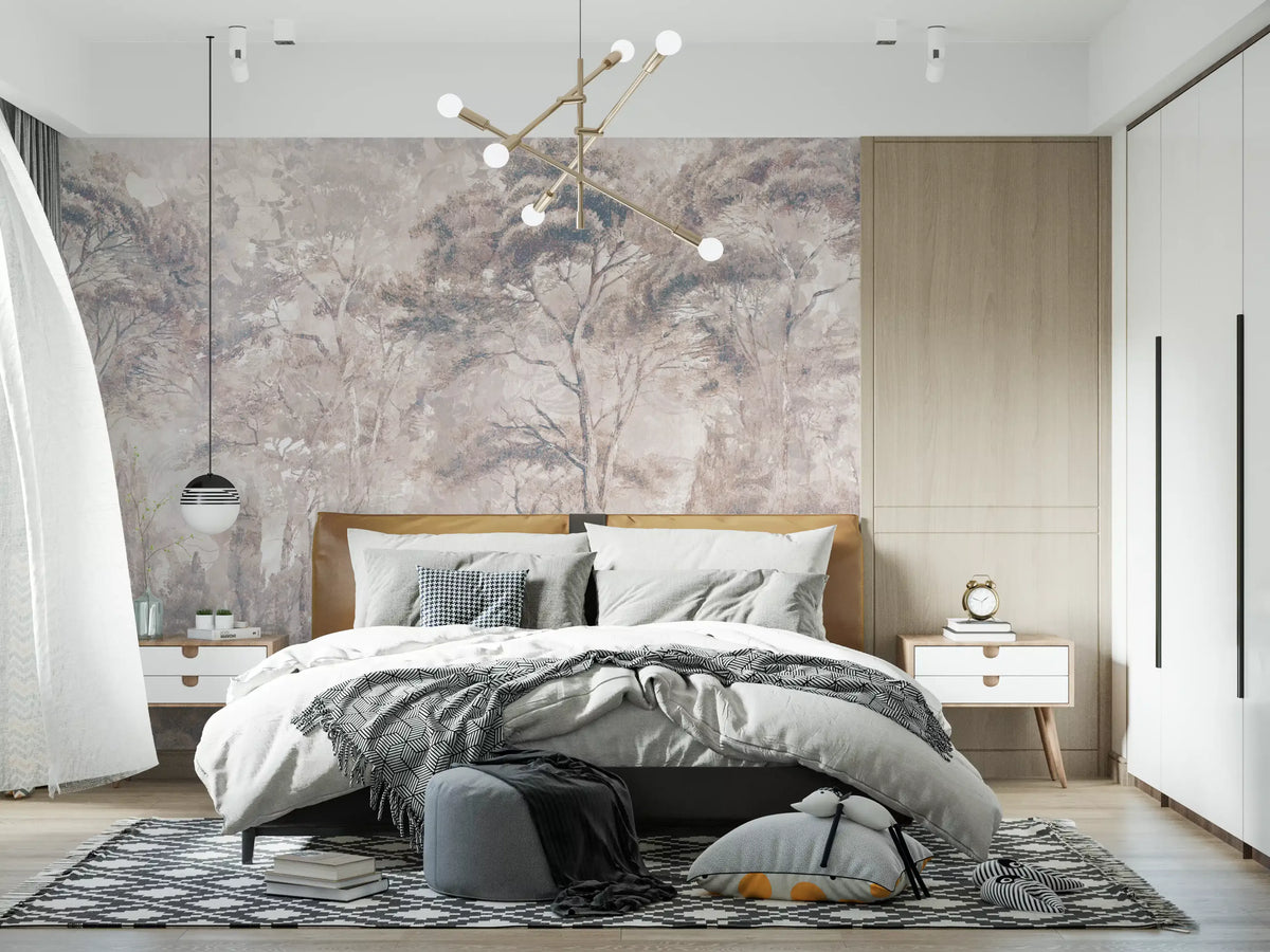 Dusty Mauve Taupe Misty Forest Landscape Wall Mural Wall Mural