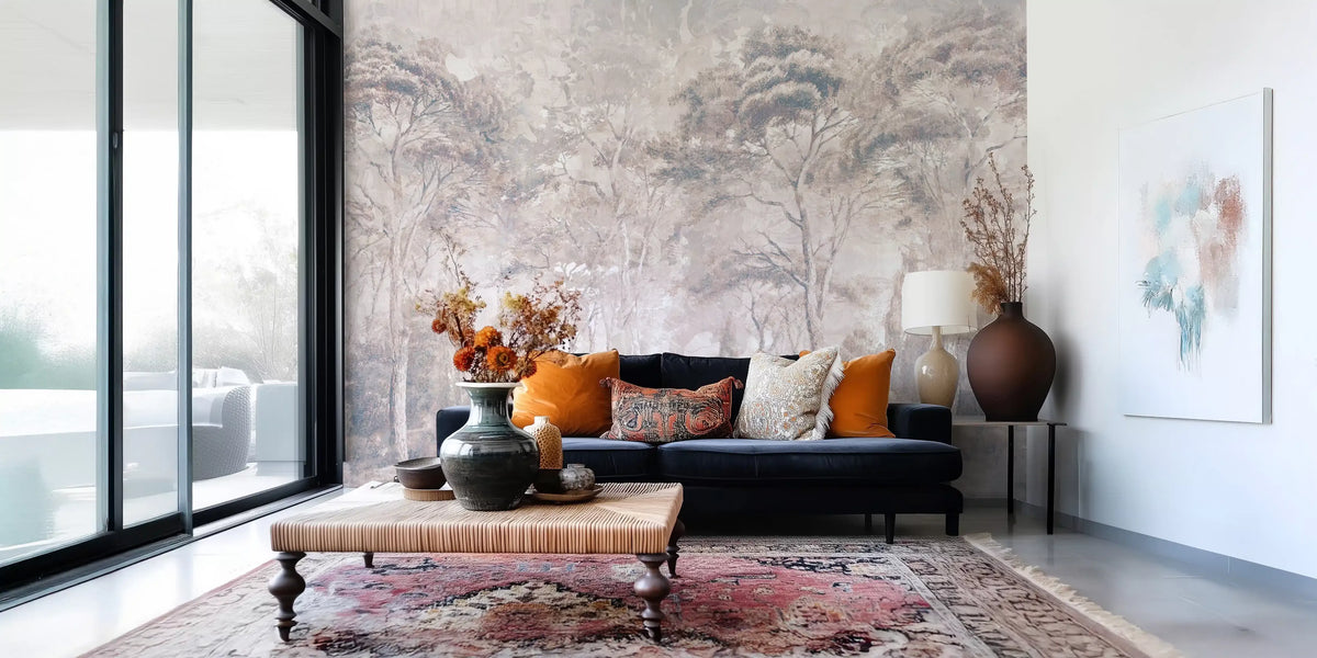 Dusty Mauve Taupe Misty Forest Landscape Wall Mural Wall Mural