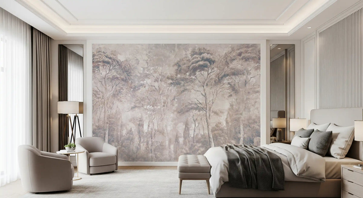Dusty Mauve Taupe Misty Forest Landscape Wall Mural Wall Mural
