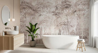 Soft Rose Taupe Misty Forest Landscape Wall Mural Wall Mural
