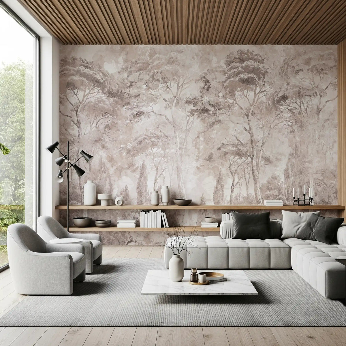Soft Rose Taupe Misty Forest Landscape Wall Mural Wall Mural
