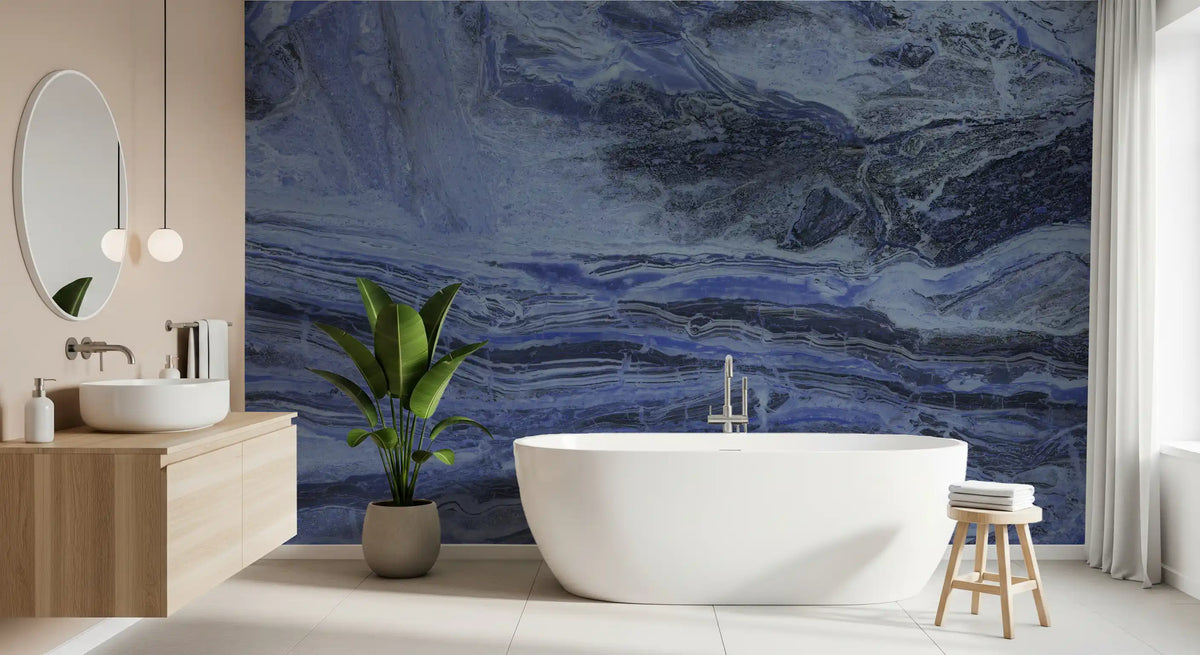 Deep Azure Fluid Marble Swirls Wall Mural