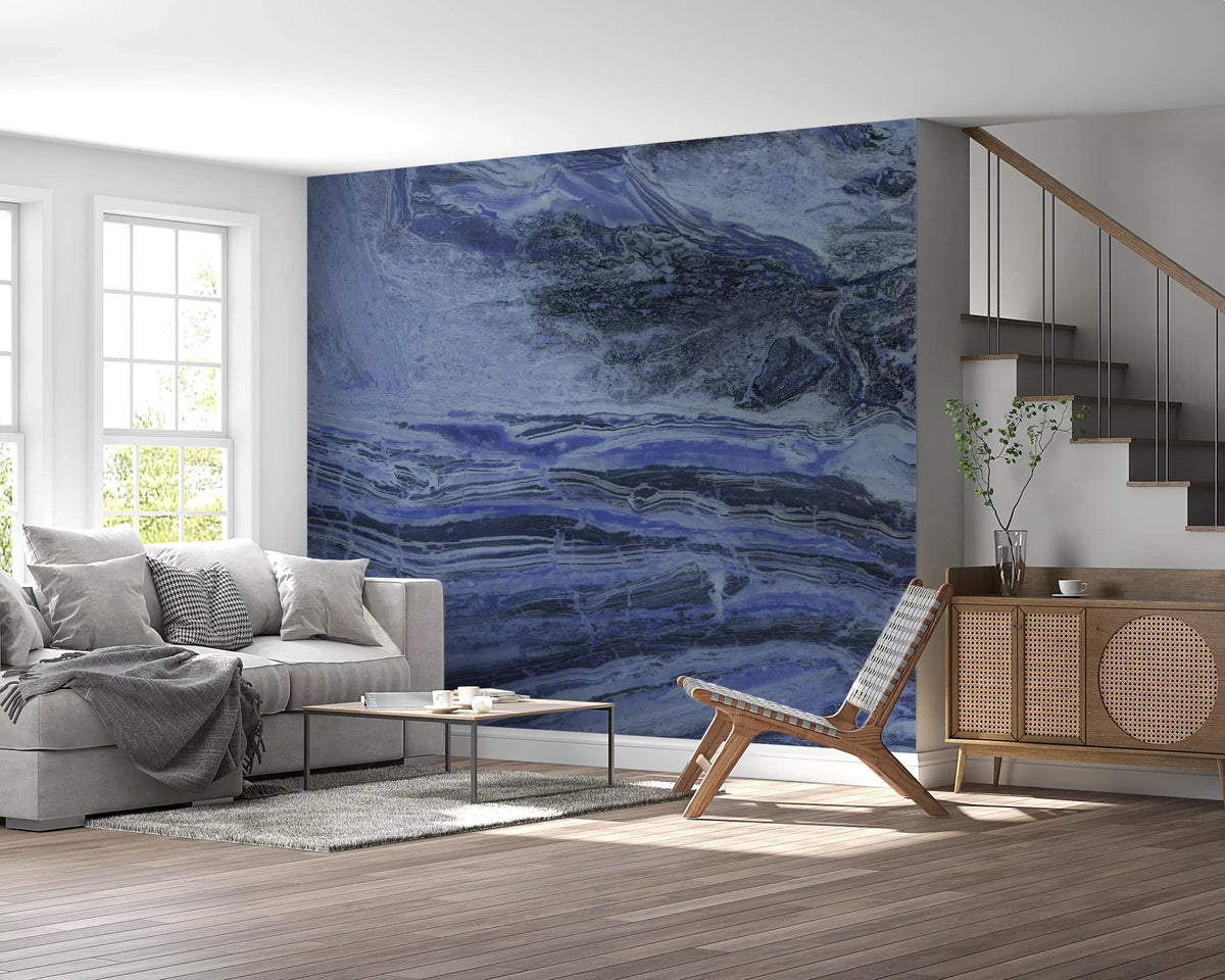 Deep Azure Fluid Marble Swirls Wall Mural