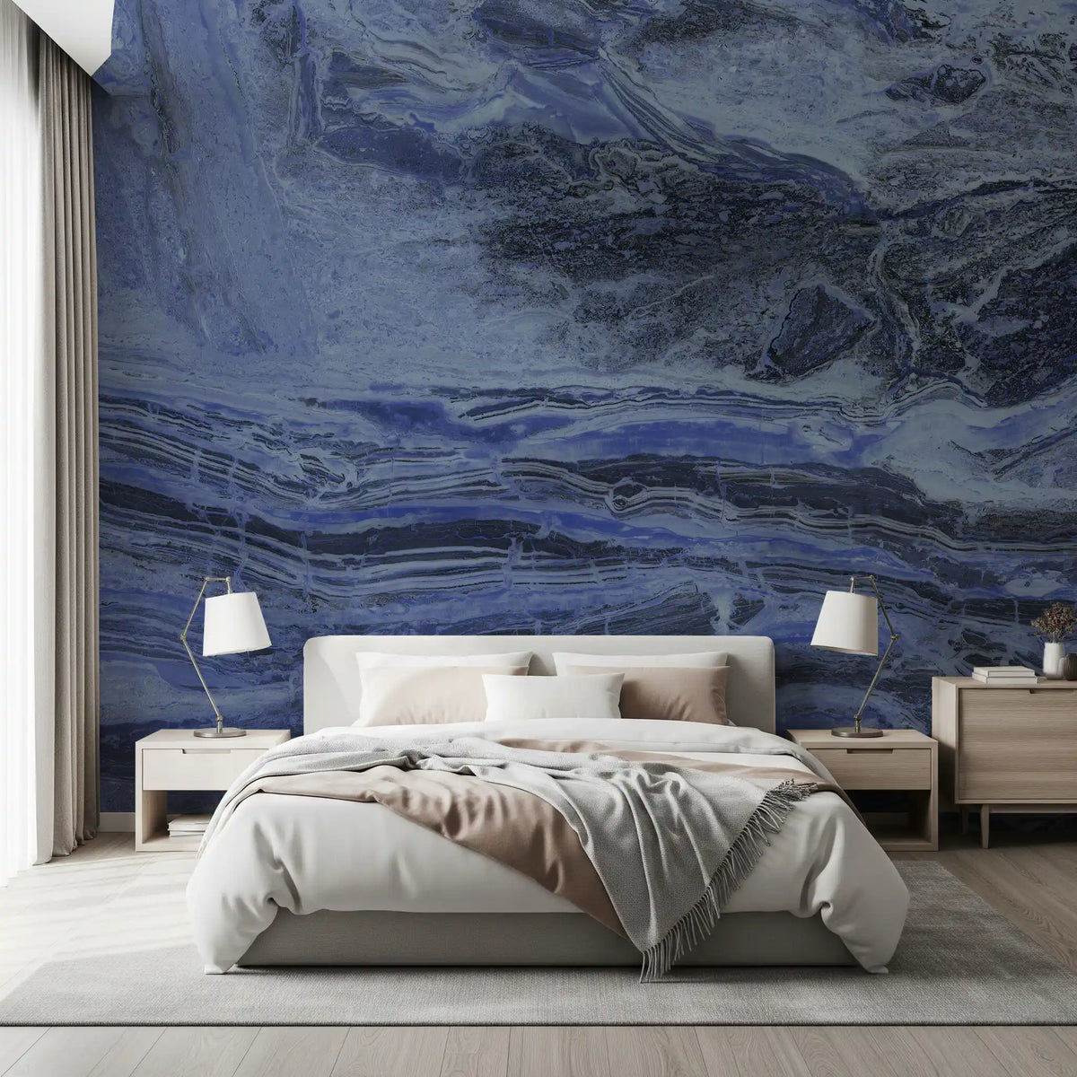 Deep Azure Fluid Marble Swirls Wall Mural