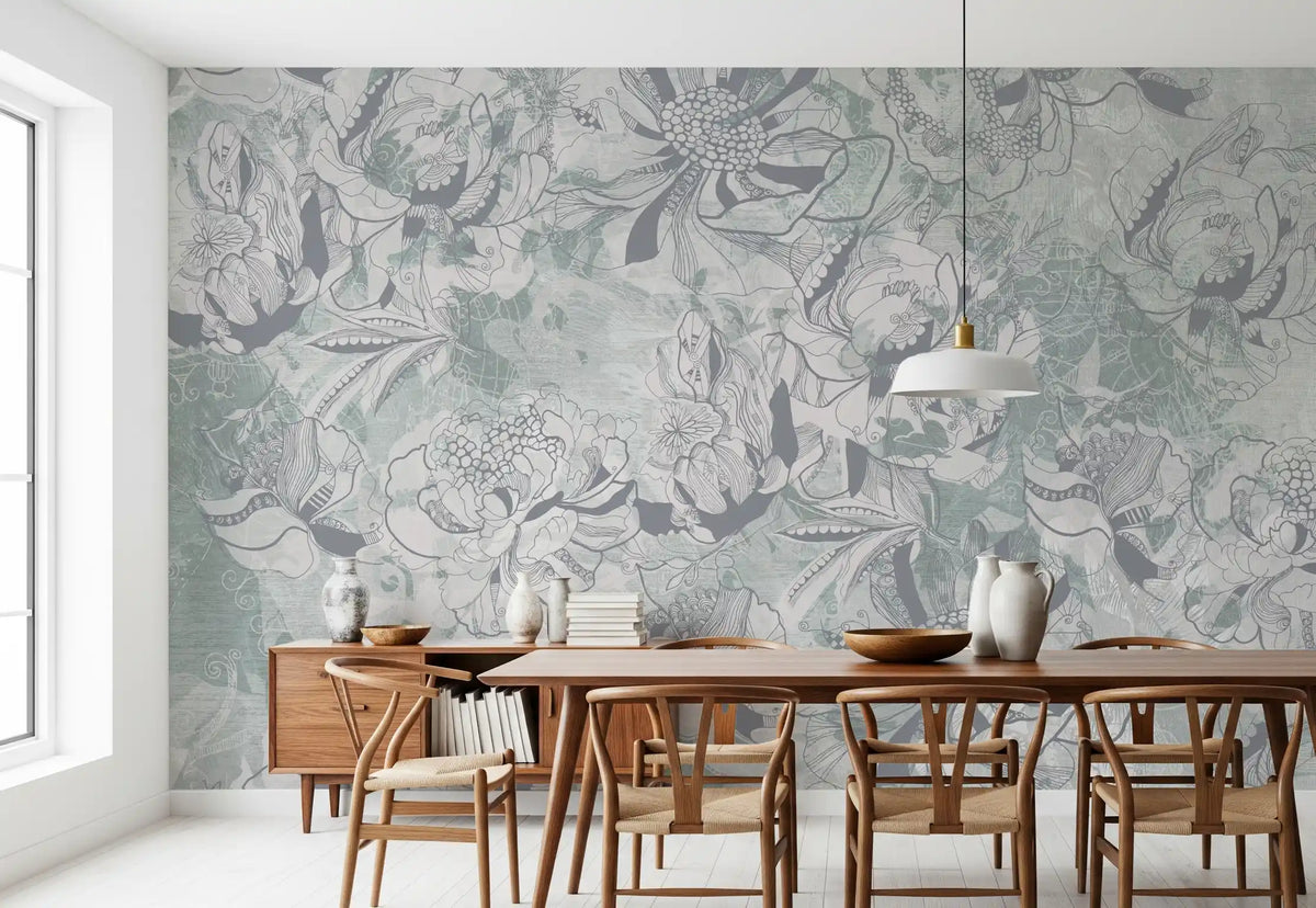 Misty Slate Ice Teal Botanical Floral Wall Mural Wall Mural